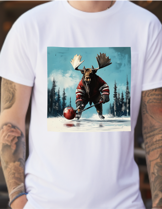 Moose Hockey Player -  Drop the Puck! Moose Lover Gift, Hockey Graphic Tee Unisex Heavy Cotton Tee T-Shirt