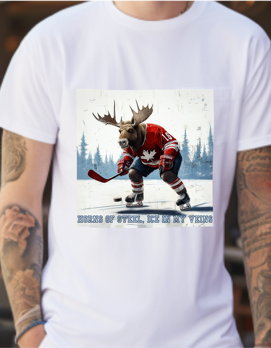 "Horns of Steel, Ice In My Veins" Hockey Player  Moose - Moose Lover Hockey Graphic Tee Unisex Heavy Cotton Tee T-Shirt