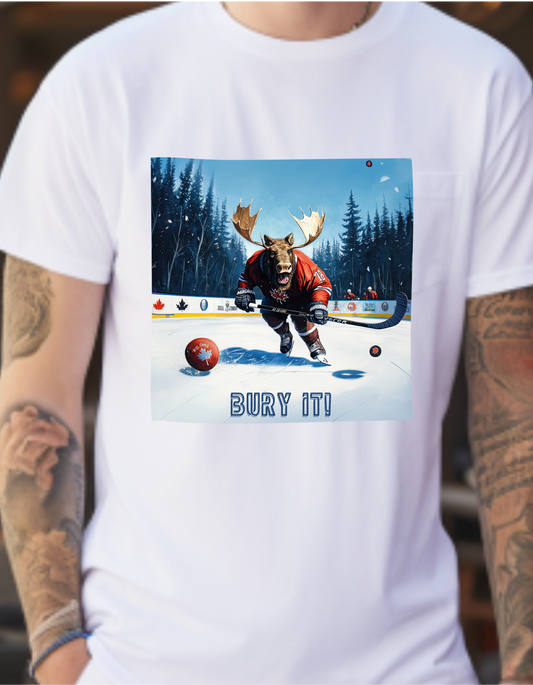 "Bury It" Hockey Player  Moose - Moose Lover Hockey Graphic Tee Unisex Heavy Cotton Tee T-Shirt