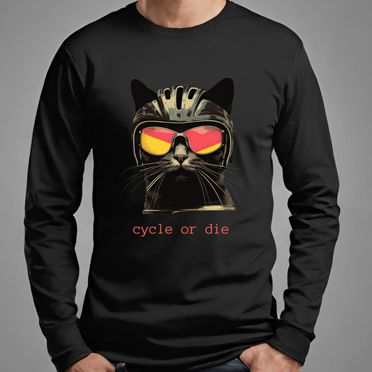 Cat in a Bike Helmet, Cat, Cycling Lover's Gift "Cycle or Die" Unisex Jersey Long Sleeve Tee Shirt, T-Shirt, Cat or Bike Lovers Gift