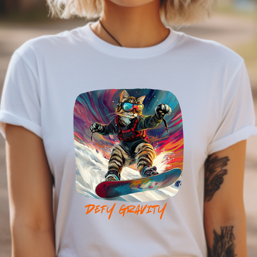 Defy Gravity Snowboard Cat Graphic Tee - Extreme Winter Sports Ski Cat Art Gift   -  Cool Cats Unisex Heavy Cotton Tee T-Shirt