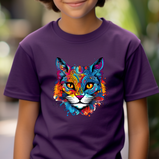 Jewel Tone Kids Cat Graphic Tee - Vibrant Cute Cat Design for Young Cat Lovers