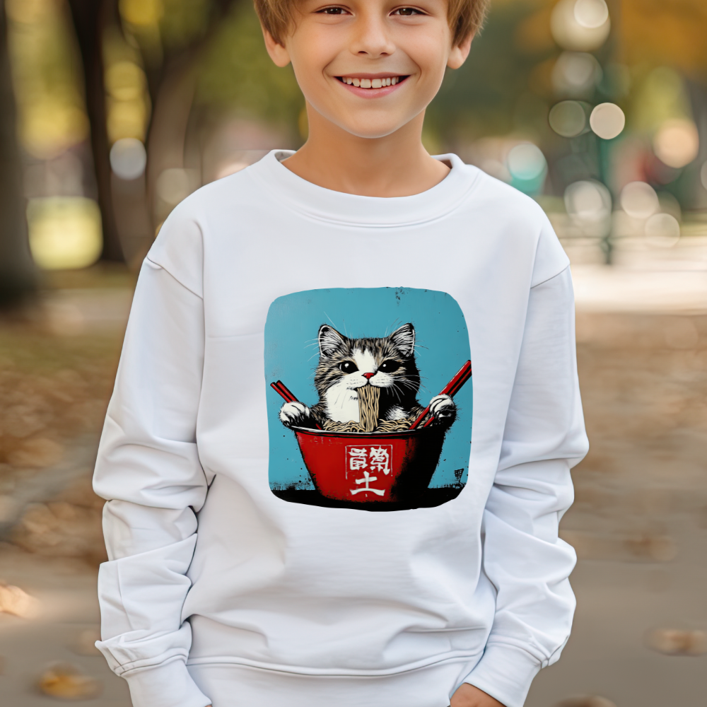 Ramen Bowl Cats for Kids Sweatshirt - Hungry Noodle Kitty  Cat Youth Crewneck Sweatshirt -Christmas Cat Gift