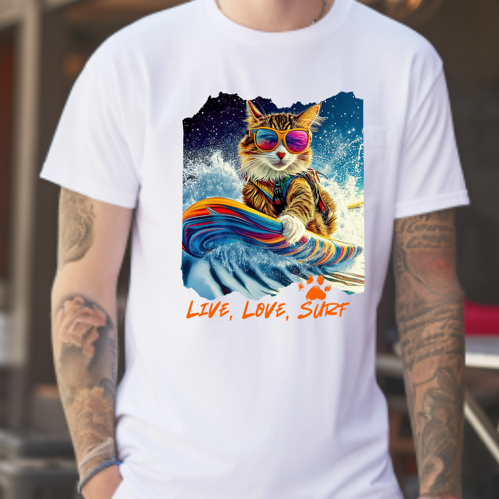 Live, Love Surf - Surfer Cat Graphic Tee, Cat on Surfboard  reads "Live, Love Surf"  Surf Life Cat ,Art Gift   -  Cool Cats Unisex Heavy Cotton Tee T-Shirt