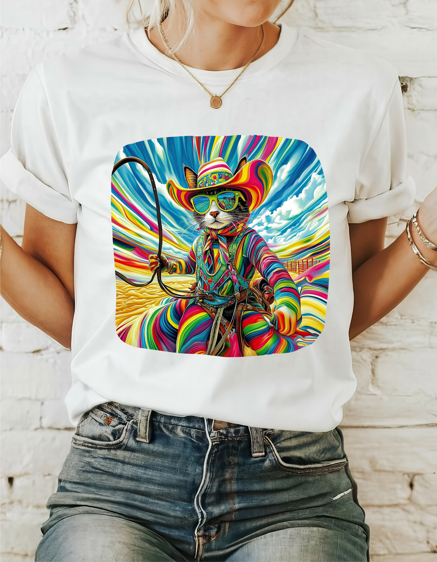 Rodeo Star Cowboy, Cattle Rancher Cat Shirt - Graphic T-  Cat Art Gift   -  Cool Cats Unisex Heavy Cotton Tee T-Shirt