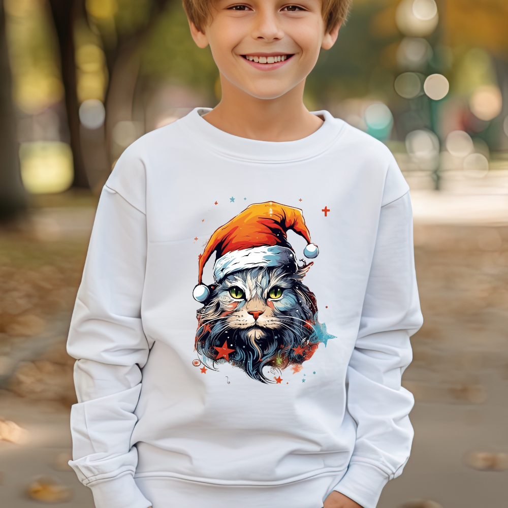 Scrappy White Cat in Santa Hat, Kids Sweatshirt - Adorable Kids Youth Crewneck Sweatshirt -Christmas Cat Lover Gift Shirt