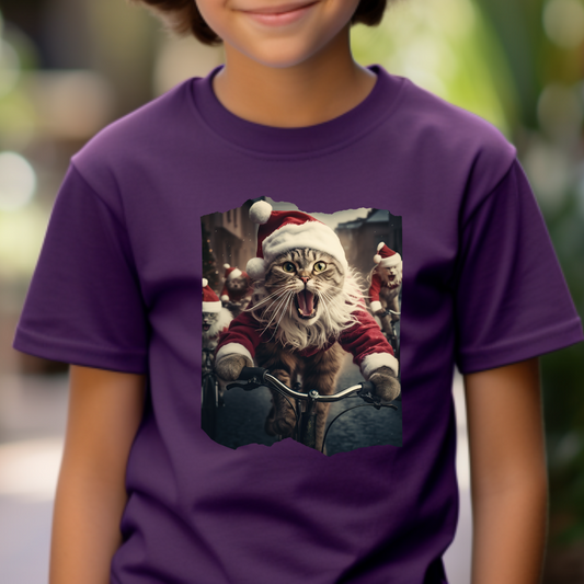 Screaming Cats on Bikes, Kids Cat Graphic Tee - Vibrant Santa Cat Design for Young Adventurers