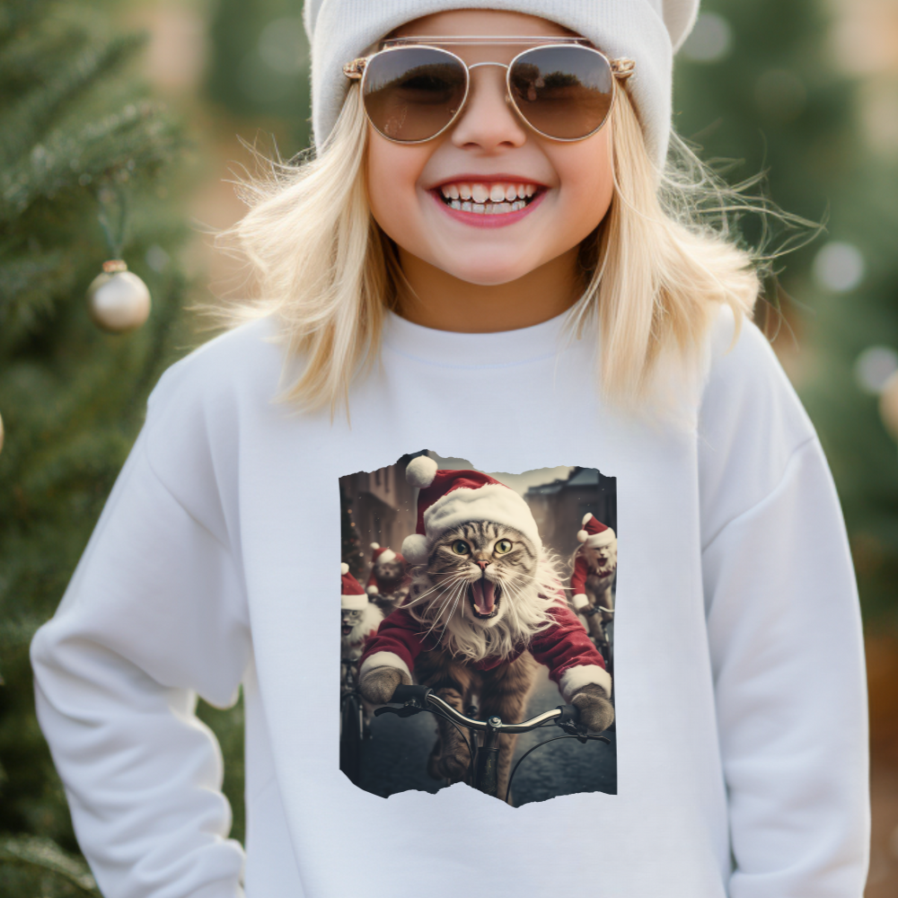 Christmas Caroling, Singing Cats in Santa Hats Kids Sweatshirt - Adorable Kids Youth Crewneck Sweatshirt -Christmas Cat Gift