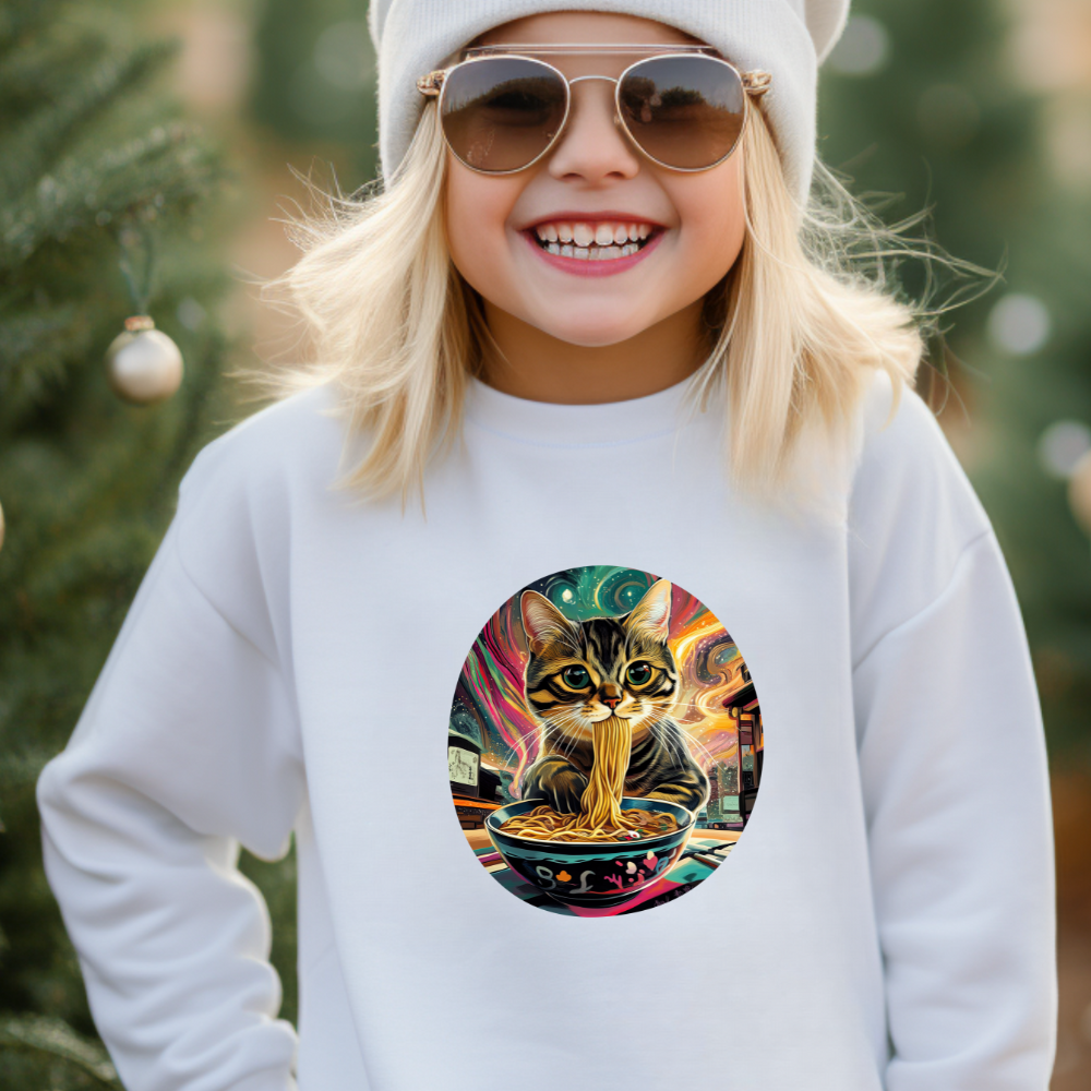 Slurping Noodle Ramen Bowl Cats for Kids Sweatshirt - Slurping Noodle Kitty  Cat Youth Crewneck Sweatshirt -Christmas Cat Gift