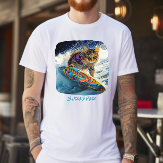 Shredder Surfer Cat, "Shredder" T-shirt, Cat on Surfboard Graphic Tee- Water Sports Cat (V1)  Cat Art Gift   -  Cool Cats Unisex Heavy Cotton Tee T-Shirt