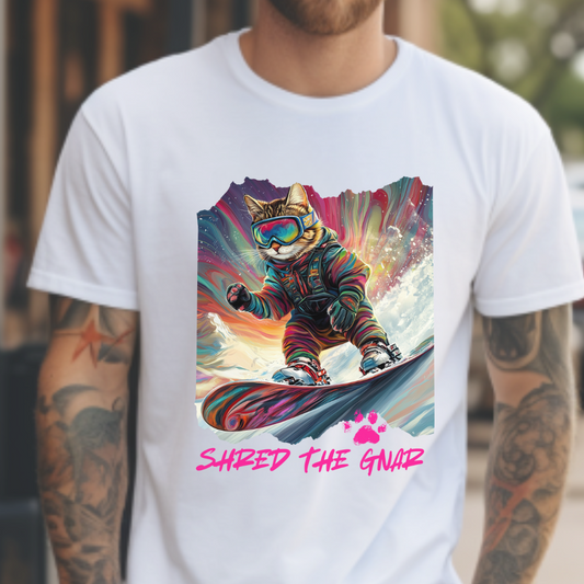 Shred the Gnar - (Ver3) Snowboard Shredding Cat Graphic Tee, Winter Cat Art Gift   -  Cool Cats Unisex Heavy Cotton Tee T-Shirt