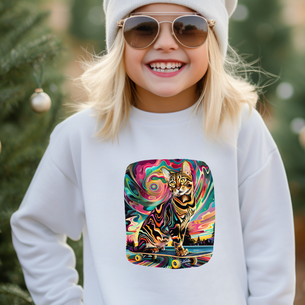 Skatboard Cats for Kids Sweatshirt - Psychedelic Skateboard Cat Youth Crewneck Sweatshirt -Christmas Cat Gift