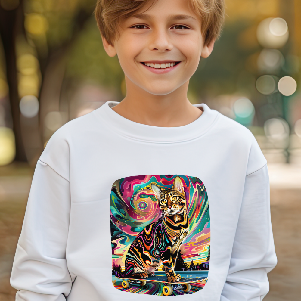 Skatboard Cats for Kids Sweatshirt - Psychedelic Skateboard Cat Youth Crewneck Sweatshirt -Christmas Cat Gift