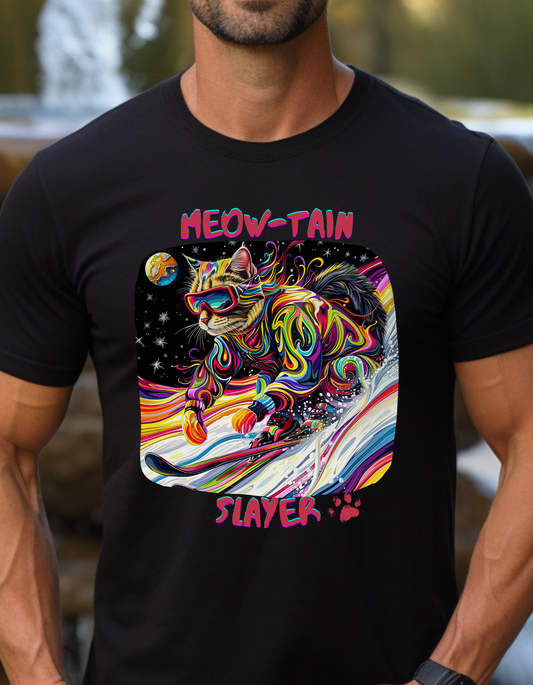 Meow-tain Slayer - Ski, Snow, Snowboard Winter Sports Cat  Cat Art Graphic Tee, Ski Gift   -  Cool Cats Unisex Heavy Cotton Tee T-Shirt