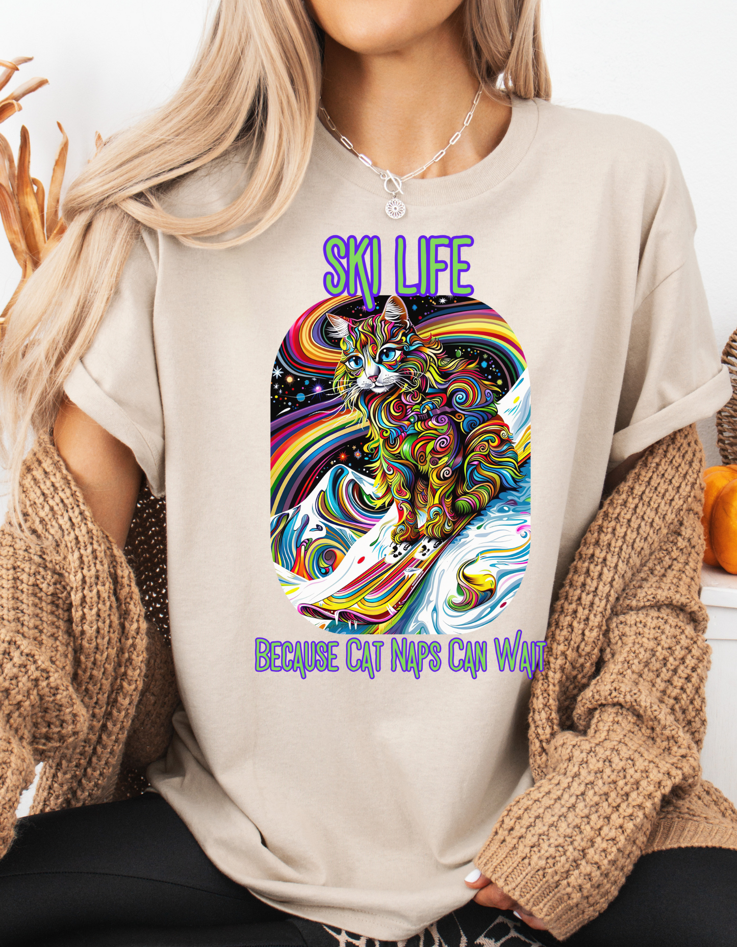 Ski Life- Because Cat Naps Can Wait - "Ski,, snow, Snowboard Winter Sports Cat (V2)  Cat Art Gift  -Cool Cats Graphic Tee Unisex Heavy Cotton Tee T-Shirt