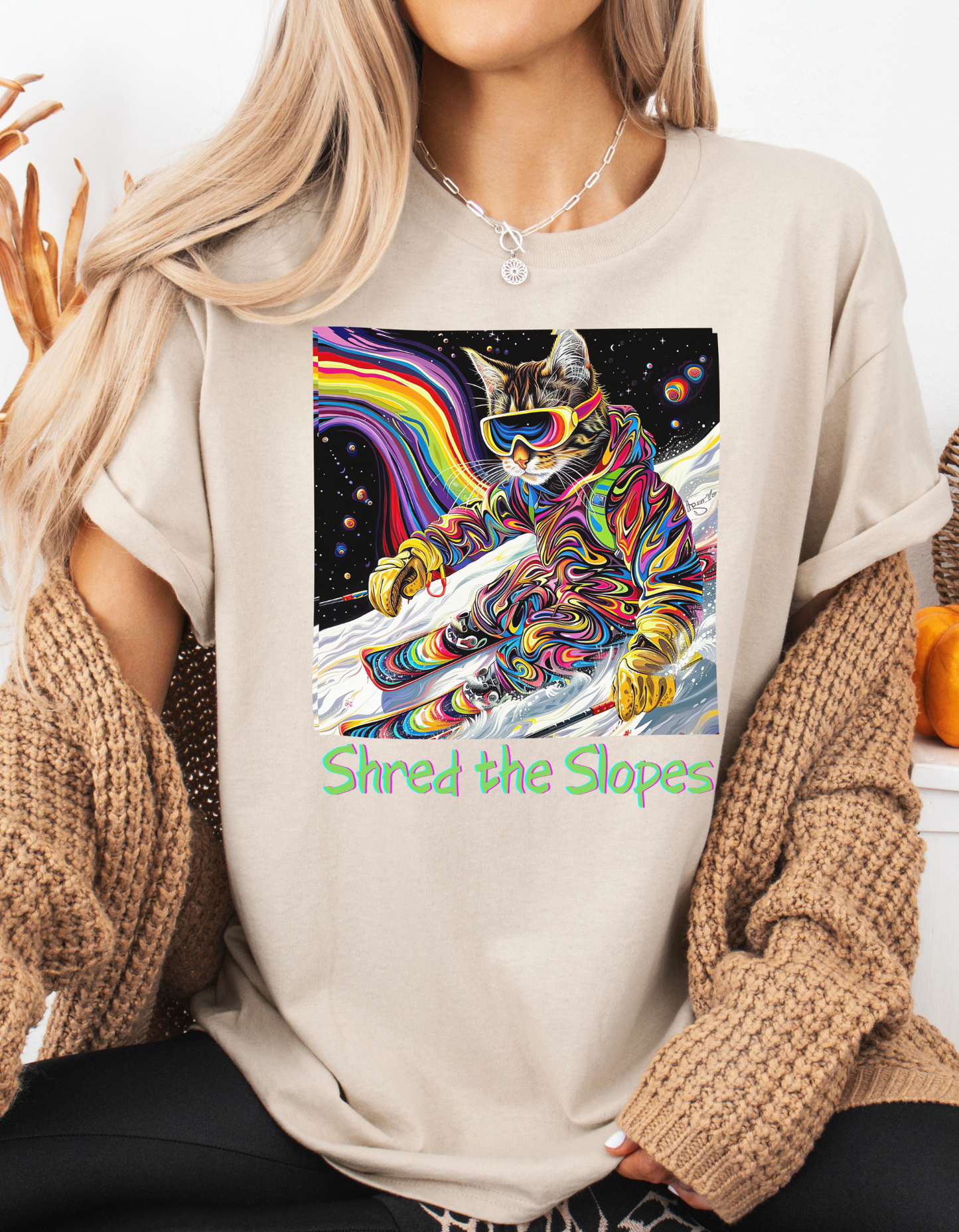 Shred the Slopes - Ski, Snow, Snowboard Winter Sports Cat  Cat Art Graphic Tee, Ski Gift   -  Cool Cats Unisex Heavy Cotton Tee T-Shirt