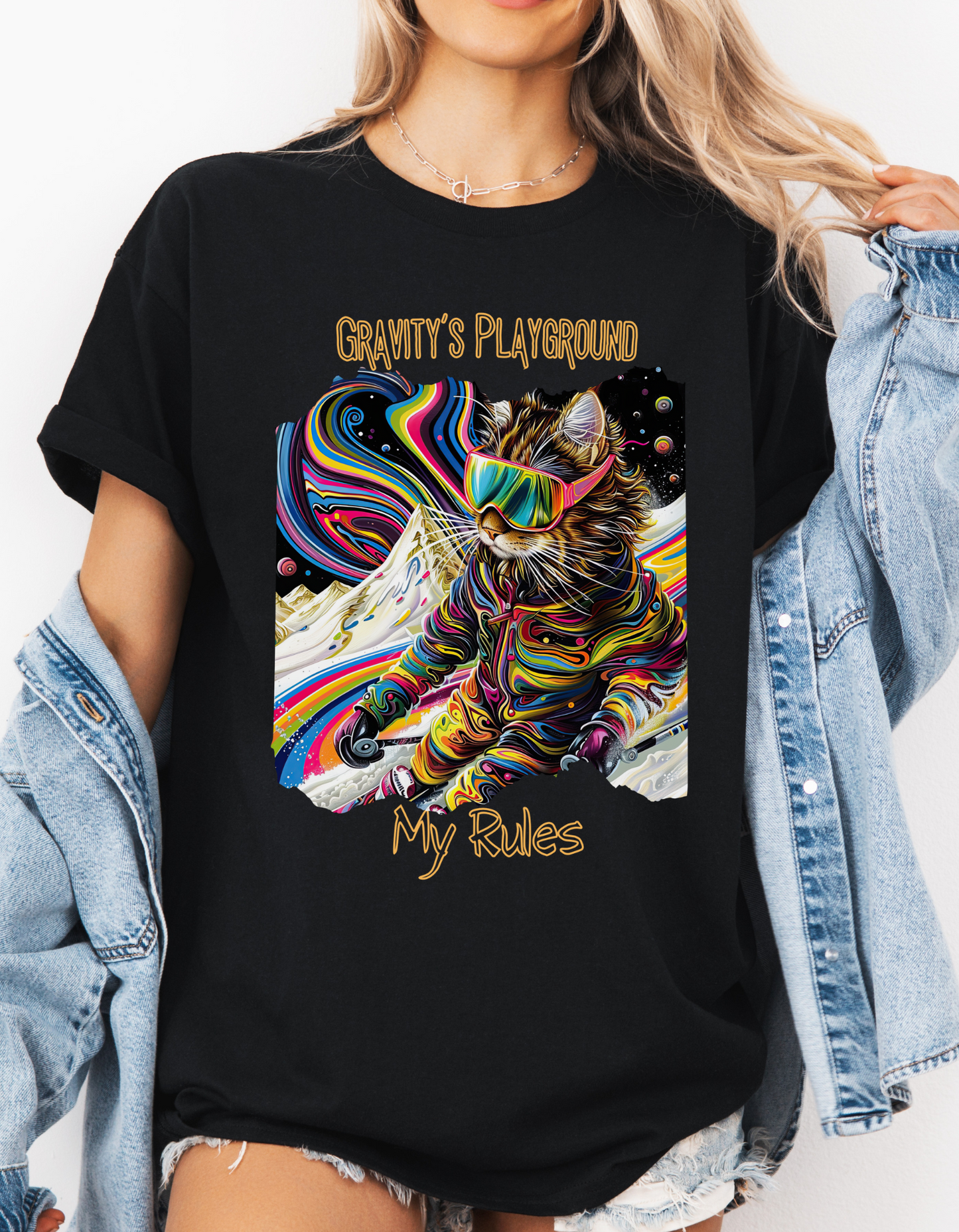 Gravity's Playground, MY Rules - Ski, Snow, Snowboard Winter Sports Cat (V2)  Cat Art Gift  -Cool Cats Graphic Tee Unisex Heavy Cotton Tee T-Shirt