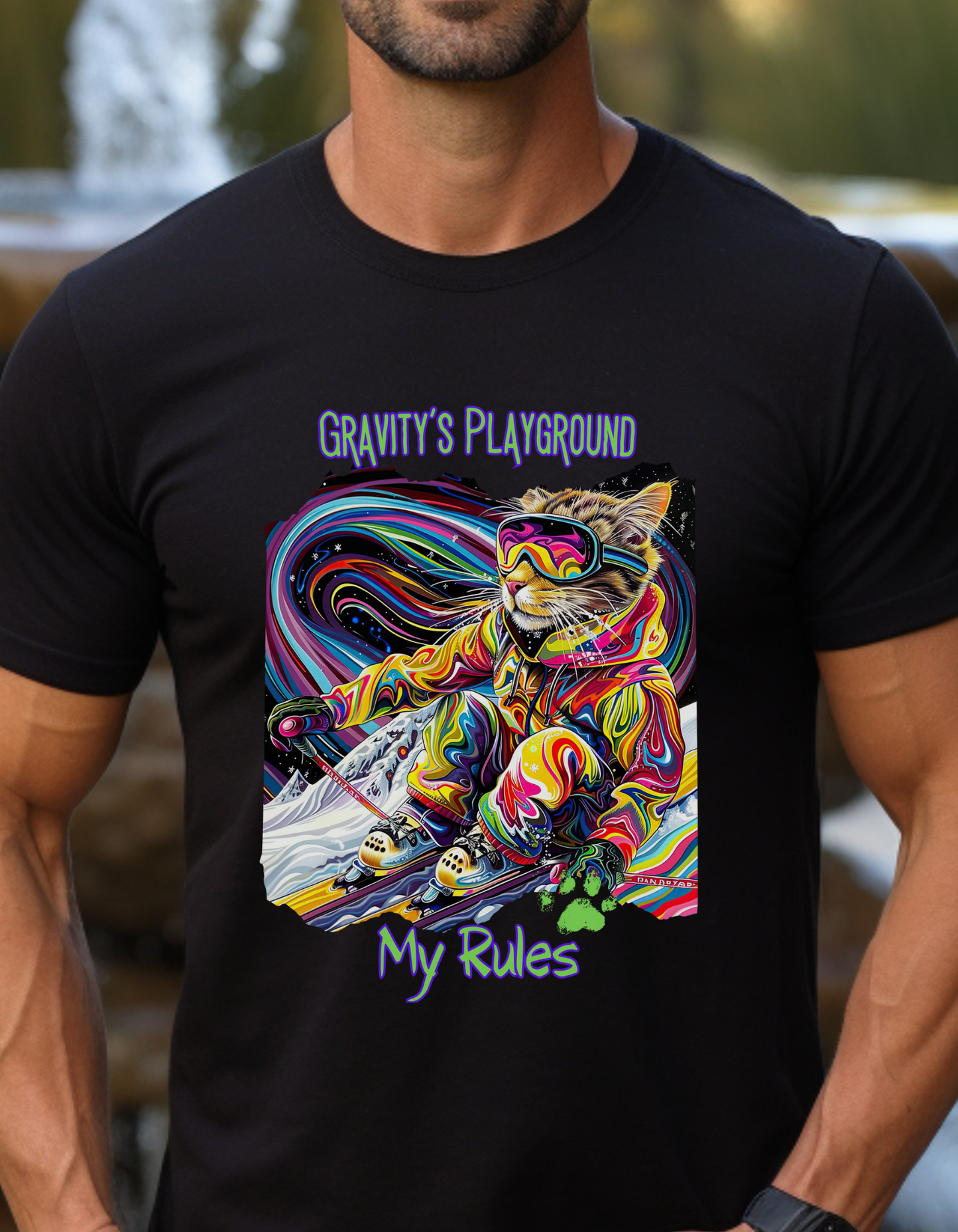 Gravity's Playground, My Rules - Ski, Snow, Snowboard Winter Sports Cat -  Cat Graphic Tee Art Gift   -  Cool Cats Unisex Heavy Cotton Tee T-Shirt