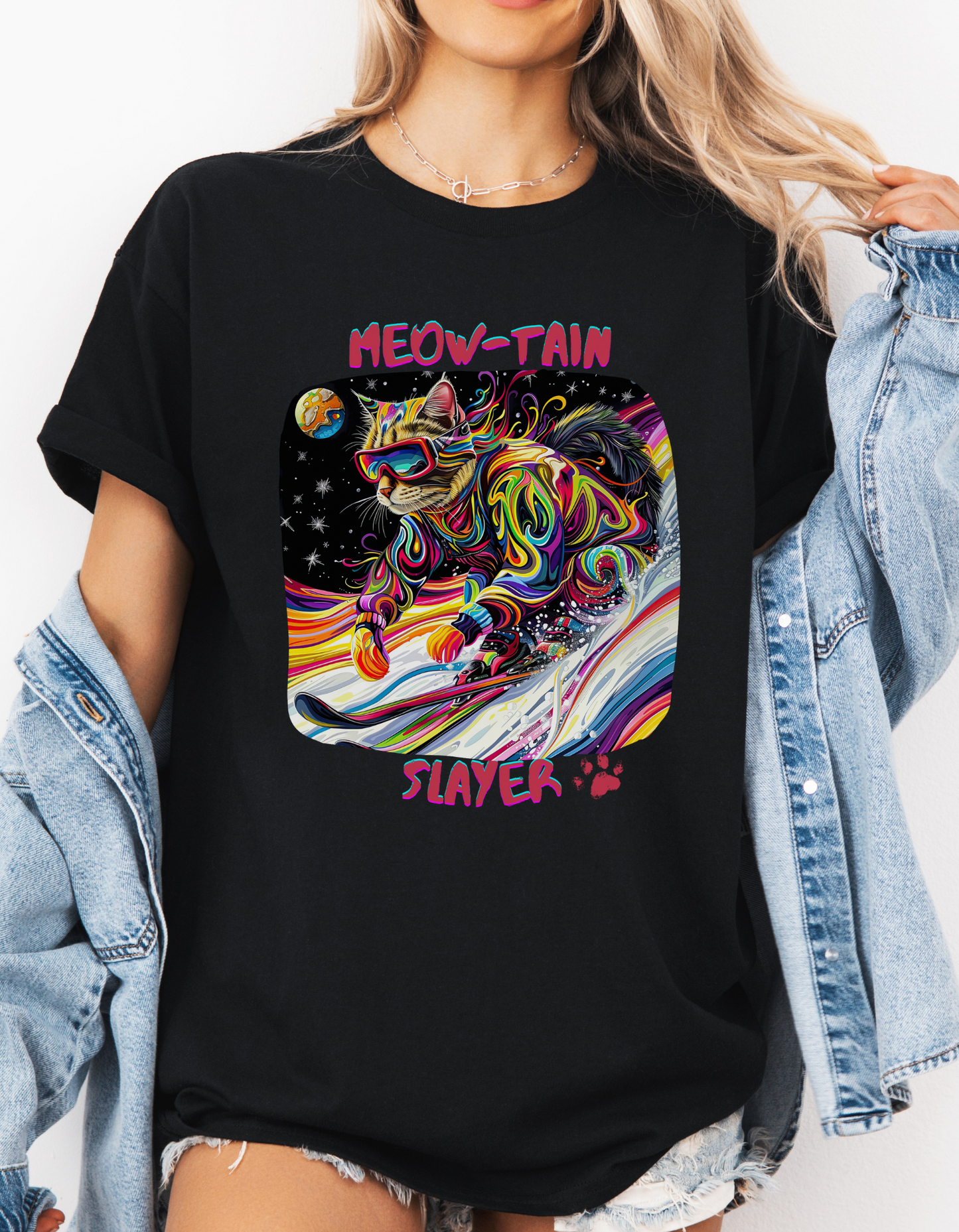 Meow-tain Slayer - Ski, Snow, Snowboard Winter Sports Cat  Cat Art Graphic Tee, Ski Gift   -  Cool Cats Unisex Heavy Cotton Tee T-Shirt