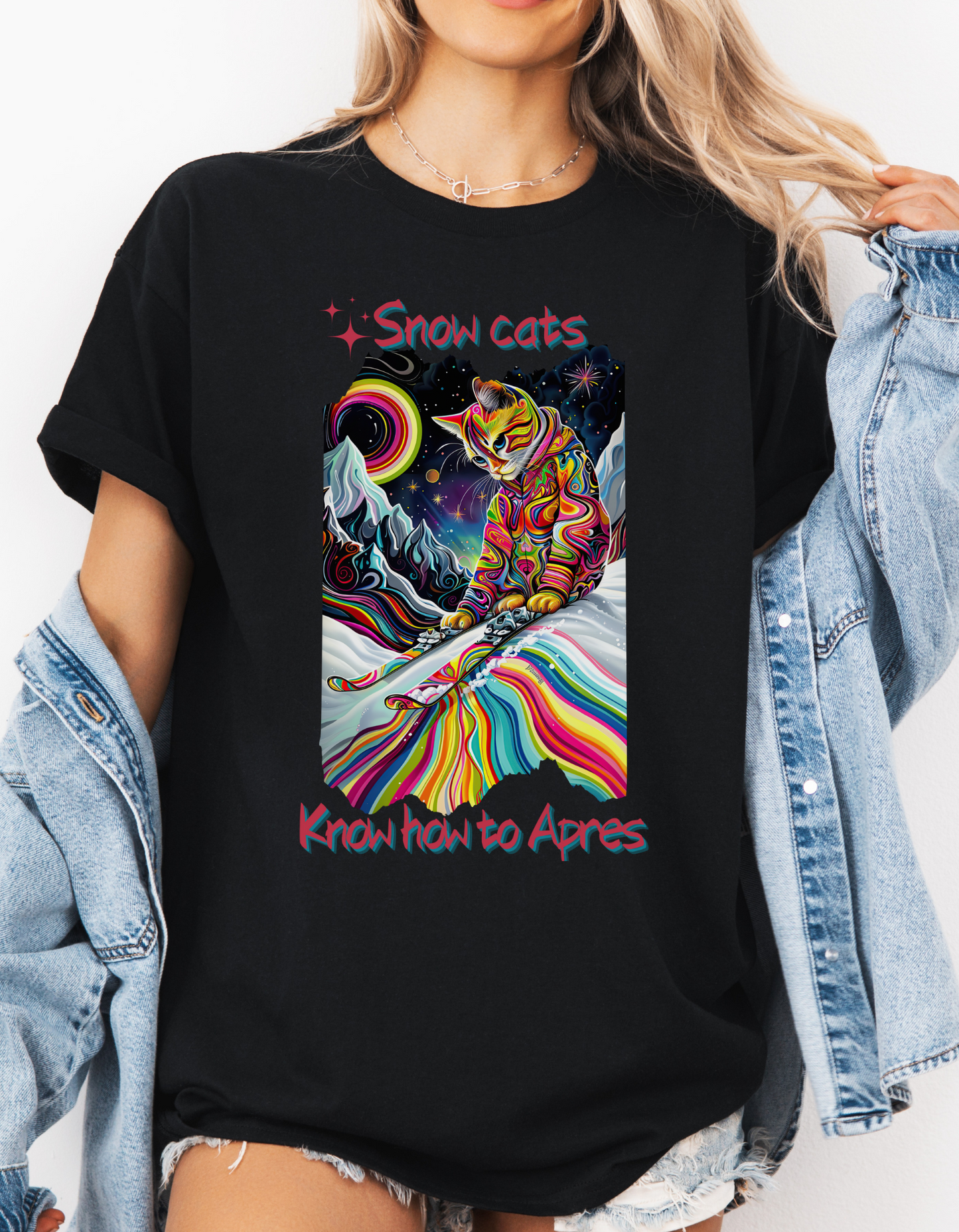 Snow Cats Know How to Apres -  Ski, Snow, Snowboard Winter Sports Cat  Cat Art Graphic Tee, Ski Gift   -  Cool Cats Unisex Heavy Cotton Tee T-Shirt