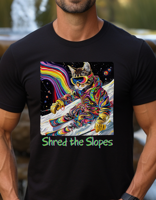 Shred the Slopes - Ski, Snow, Snowboard Winter Sports Cat  Cat Art Graphic Tee, Ski Gift   -  Cool Cats Unisex Heavy Cotton Tee T-Shirt