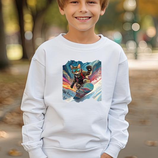 Shredding Snowboard Cat for Kids Sweatshirt - Colorful Snowboard Kitty, Kids Youth Crewneck Sweatshirt