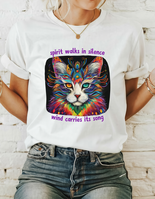 Spirit Walks in Silence, Wind Carries its Song - Shaman Graphic Cat Tee, Cat Lover's Graphic Tee Graphic Unisex T- Shirt, T-Shirt Cat Lovers Gift  Softstyle T-Shirt Tee Teeshirt Stylized Cat