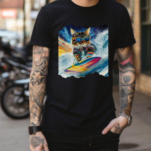 Surfer Surfing Cat, (Ver 2) Cat on Surfboard Graphic Tee- Water Sports Cat (V1)  Cat Art Gift   -  Cool Cats Unisex Heavy Cotton Tee T-Shirt