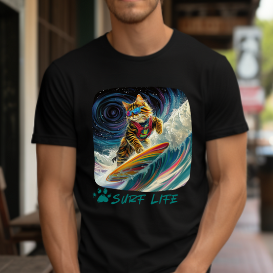 Surf LIfe - Surfer Surfing Cat Graphic Tee, Cat on Surfboard - Shirt reads "Surf Life" Cats Art Gift   -  Cool Cats Unisex Heavy Cotton Tee T-Shirt