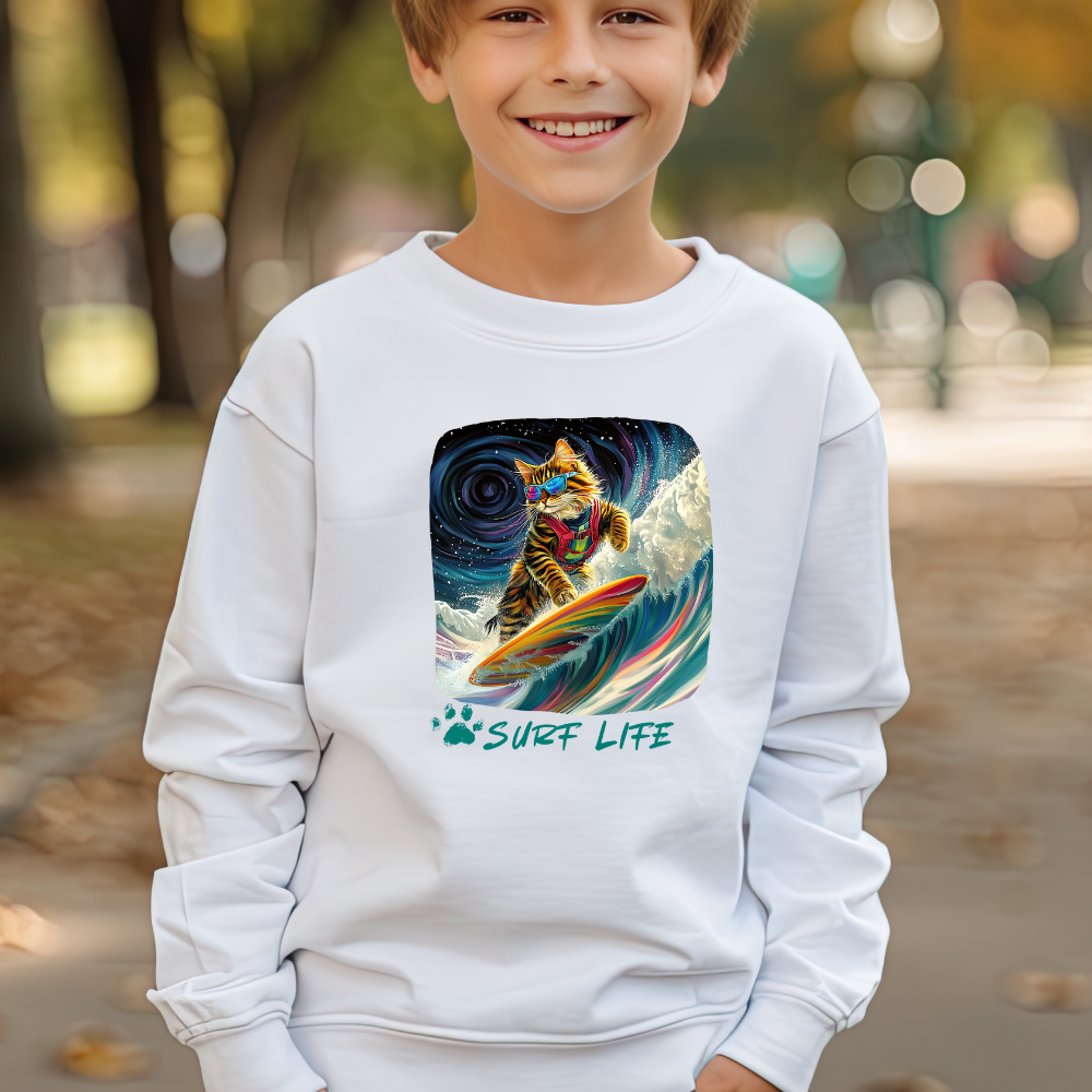 Surf Life Surfer Cat for Kids Sweatshirt - Kitty  Cat Shredding the Weves-Youth Crewneck Sweatshirt -Christmas Cat Gift