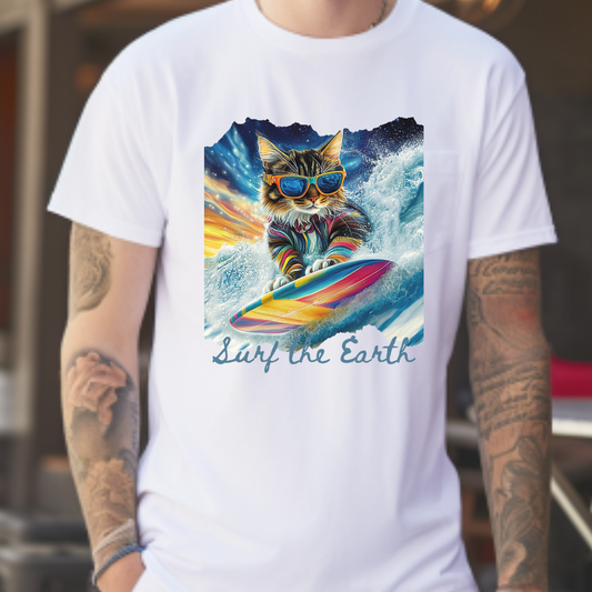 Surf Surfer Cat, "Surf the Earth", Cat on Surfboard Graphic Tee- Water Sports Cat (V1)  Cat Art Gift   -  Cool Cats Unisex Heavy Cotton Tee T-Shirt