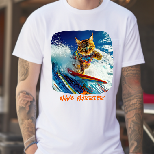 Wave Warrior Surfer Surfing Cat, Cat on Surfboard Graphic Tee reads "Wave Warrior"  Surf Life Cat ,Art Gift   -  Cool Cats Unisex Heavy Cotton Tee T-Shirt