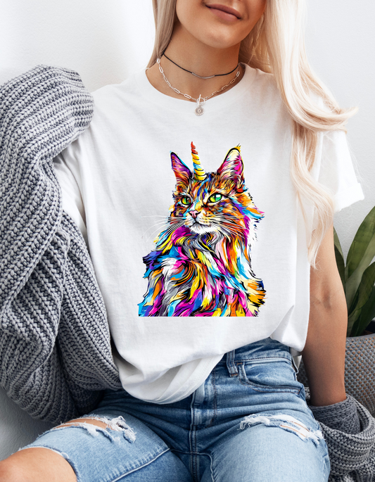 Colorful Unicorn Cat Graphic Tee -  Cat Unicorn Mythical Creature Gift Unisex Heavy Cotton Tee T-Shirt