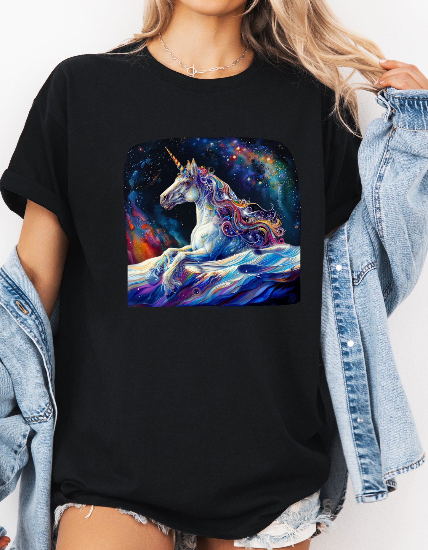 Watery Waves, Rainbow Unicorn - Starry Skies Unicorn Graphic Tee T-shirt -  Unicorn Lovers Unisex Heavy Cotton Tee T-Shirt