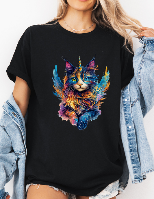 Colorful Unicorn Angel Cat, Cat Memorial Unicorn Cat with Angel Wings Graphic Tee-  Cat Gift Unisex Heavy Cotton Tee T-Shirt