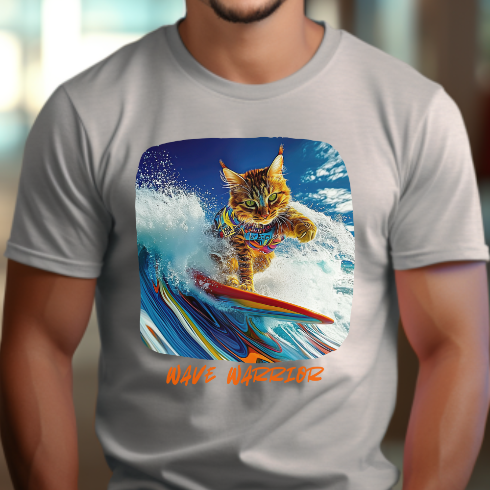 Wave Warrior Surfer Surfing Cat, Cat on Surfboard Graphic Tee reads "Wave Warrior"  Surf Life Cat ,Art Gift   -  Cool Cats Unisex Heavy Cotton Tee T-Shirt