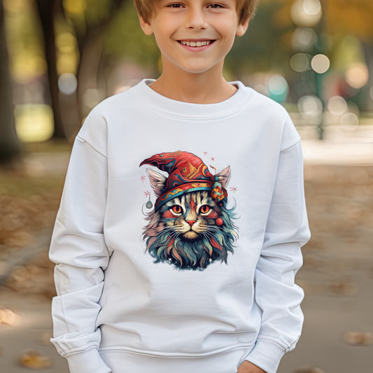 Santa's Cat Elf in Santa Hat, Kids Sweatshirt - Adorable Kids Youth Crewneck Sweatshirt -Christmas Cat Wizard Gift