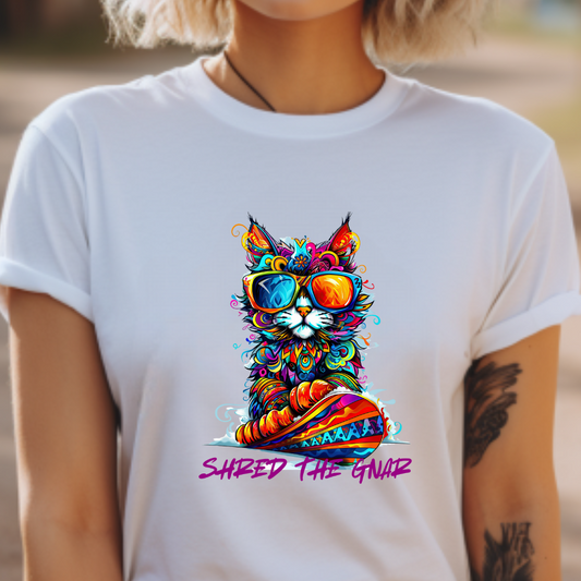 Shred the Gnar - (Ver 2) Snowboard Shredding Cat Graphic Tee, Winter Cat Art Gift   -  Cool Cats Unisex Heavy Cotton Tee T-Shirt