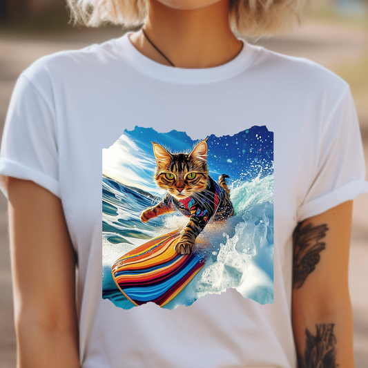 Surfer Surf Cat, Cat on Surfboard Graphic Tee- Water Sports Cat (V1)  Cat Art Gift   -  Cool Cats Unisex Heavy Cotton Tee T-Shirt