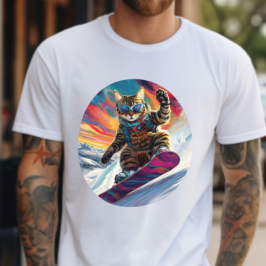 Snowboard Cat (V4) Extreme Winter Sports Ski Cat Art Gift   -  Cool Cats Unisex Heavy Cotton Tee T-Shirt